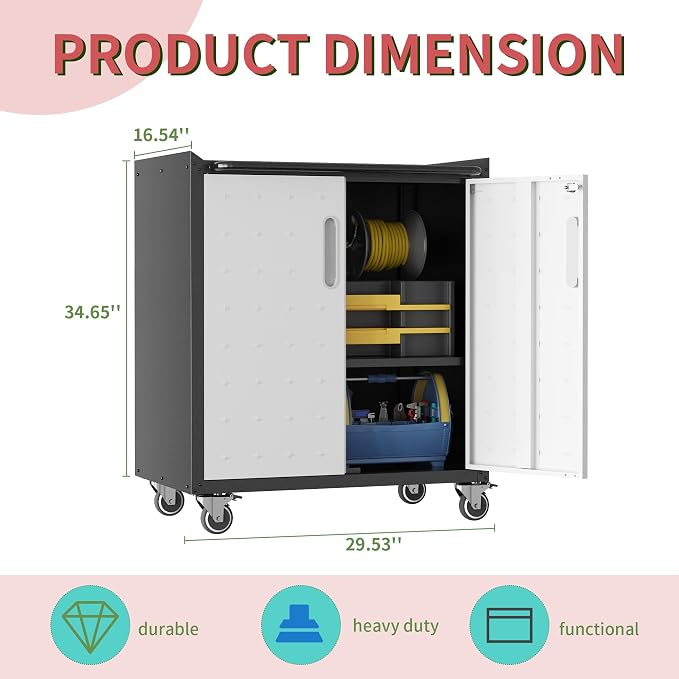 Garage Tool Storage Cabinet with Wheels & 2 Lockable Doors,Gray | Heavy Duty Steel Rolling Chests & Cabinets,Mobile Storage Cabinet for Basement,Workshop,Assembly Required