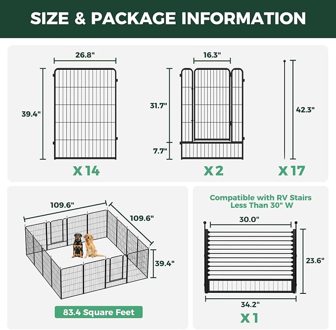 FXW Rollick Dog Playpen with RV Step Grid for RV Camping, 40" H, 16 Panels | Easy Setup & Sturdy, Blocks RV Stair Gaps, Fits RV Steps up to 30"W, For Medium & Large Dogs, Patented