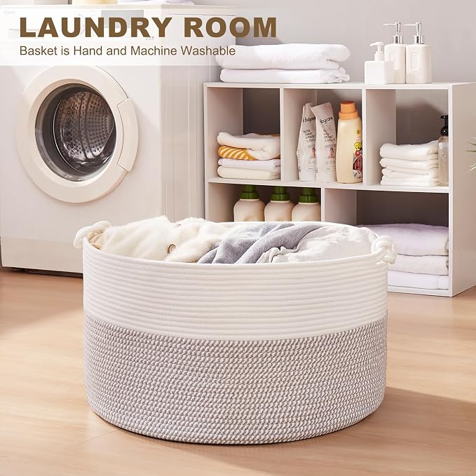 OIASKET Large Blanket Storage Basket for Living Room, 22.8" x 22.8" x 13" Woven Cotton Rope Basket with Handles, Baby Toy Storage, Laundry Hamper for Clothes, Pillows, Towels-Grey and White