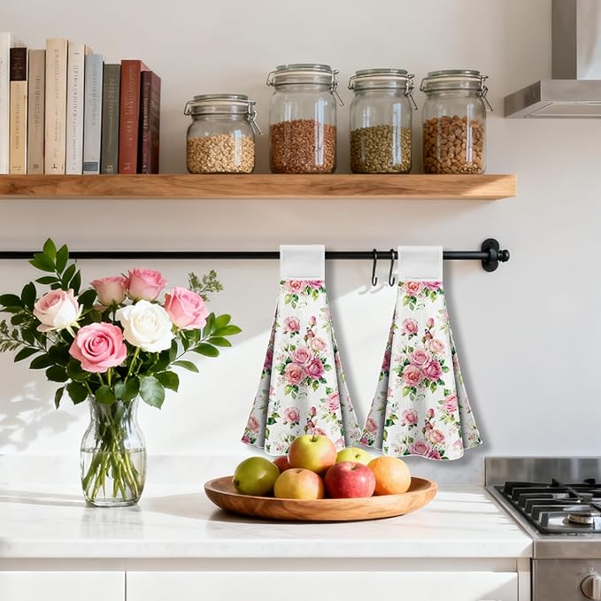 CUTHOLLOW Pink and White Roses Hanging Kitchen Towels with Loop, Set of 2 - Soft & Super Absorbent Microfiber Decorative Hanging Dish & Hand Towel, Tea, Coffee Towel for Kitchen Bathroom Oven Handle