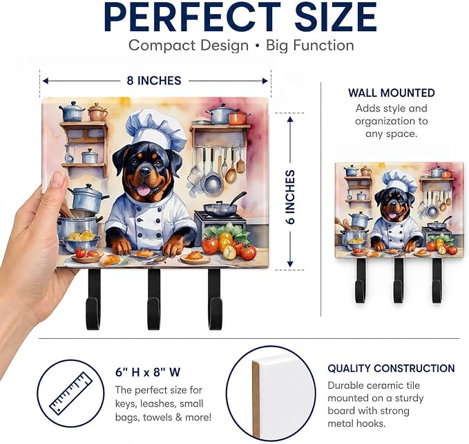 Caroline's Treasures Rottweiler The Chef Leash or Key Holder Wall Hooks, Key Hooks Holder, Coat Rack Wall Mount, Coat Hooks, Hooks for Hanging Keys, Towels, Aprons, Leashes | Rottweiler The Chef artwork on ceramic tile with three steel hooks for keys, ...