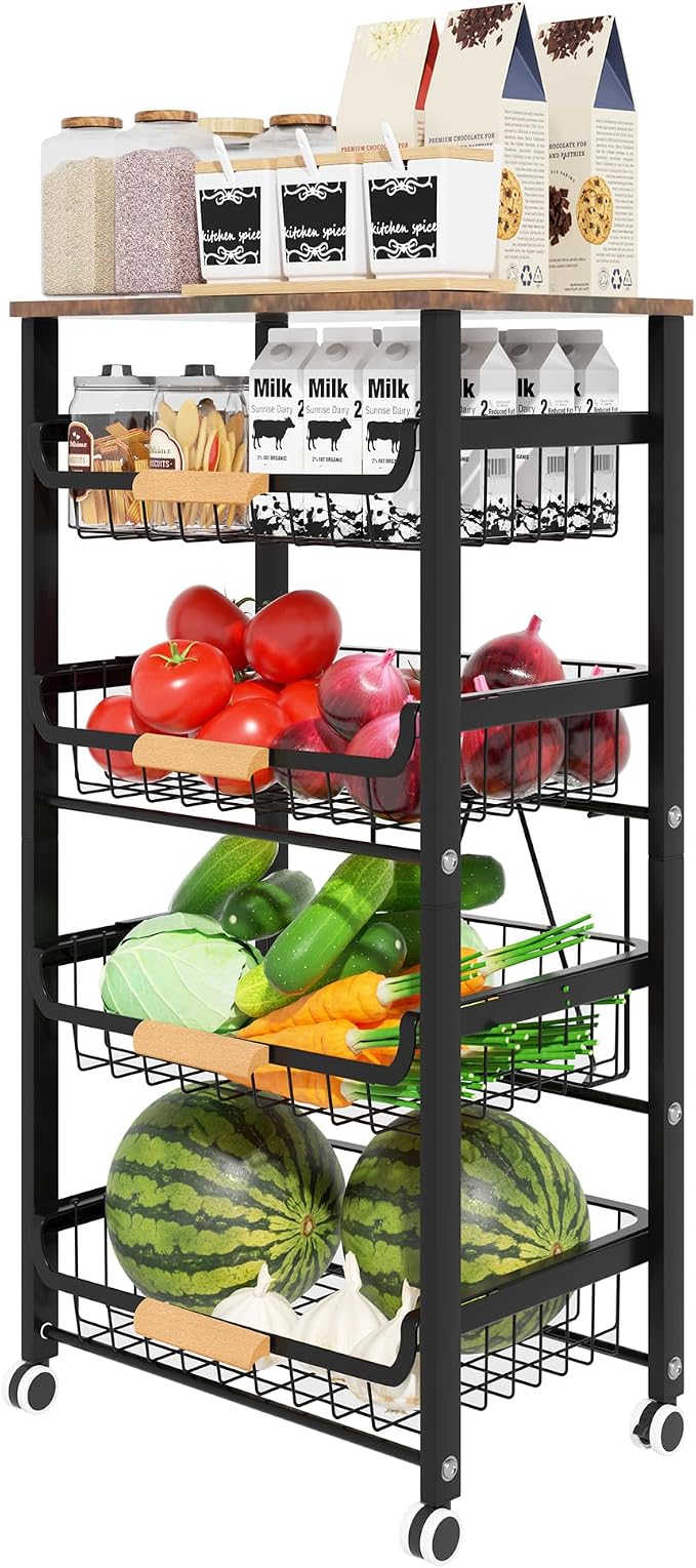 Fruit Vegetable Basket for Kitchen,5 Tier Pantry Organizers and Storage,Snack Organizer for Countertop,Pantry Cart,Metal Wire Storage Shelf Organizer Baskets for Kitchen, Pantry, Bathroom