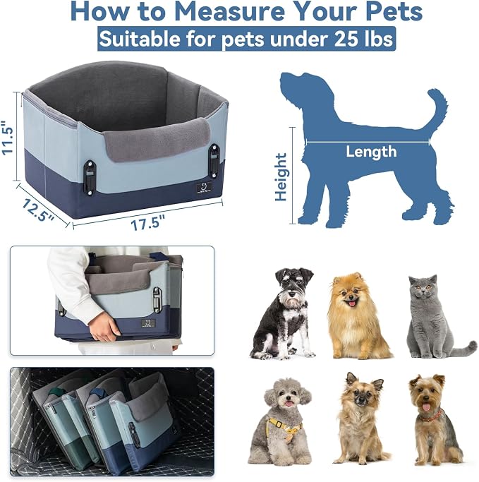 A 4 Pet Dog Car Seats for Small Dogs, Under 25 lbs, Patent Buckles | Adjustable leash, for travel/cars/SUV/pickup, pet bed for puppy & cat