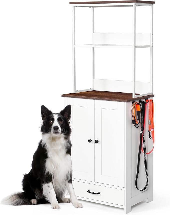 Pet Feeding Station with Bowls, Adjustable Shelves, Storage Cabinet, Pull Out Drawer, Hooks, Anti Tipping Kit, Elevated Feeder Organizer for Dogs Cats Food Water Toys Leashes Indoor Home