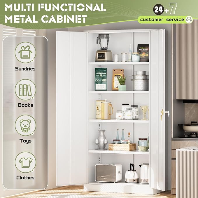 Crownland 72" Lockable Metal Storage Cabinet, Garage Storage Cabinets, High Office Cabinet with Adjustable Shelves for Garage, Home Office,Pantry, File(White)