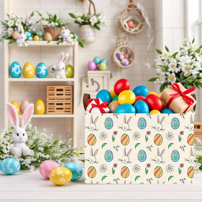Large Cute Easter Basket for Kid Empty Gift Baby Rectangle Storage Bin Bunny Eggs Boy＆Girl Room Décor (Egg Rabbit Flower)