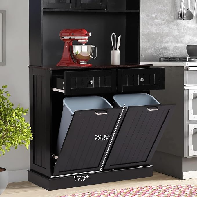 68.4" Kitchen Pantry Storage Cabinet, Freestanding Cupboard with Shelf, 2 Drawers and 2 Tilt Out Trash Cabinet, Tall Cabinets for Kitchen, Dinning Room, Living Room (Glossy Black, Double Tilt)