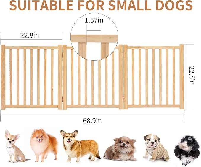 YOCAN Non-Painted Wooden Freestanding Dog Gates - 3 Panels L:69" H:23" | Pet Gate for The House,Doorways, Stairs,Wood Dog Fences Indoor Pet Gate,Step Over Fence