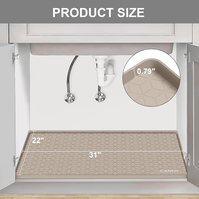 Under Sink Mat, 31"x22" Waterproof Tray for Cabinet, Holds 3 Gal | Silicone, Fits 36 inch Standard Cabinet,Leakproof & Easy Clean, Ideal for Kitchen & Laundry, Protects Shelf from Water Damage