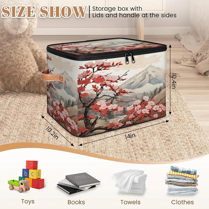 Storage Bins Japanese Cherry Blossoms Storage Basket with Zipper Lid & Handle Foldable Storage Box Storage Cube Bin Clothes Organizer for Closet, Bedroom