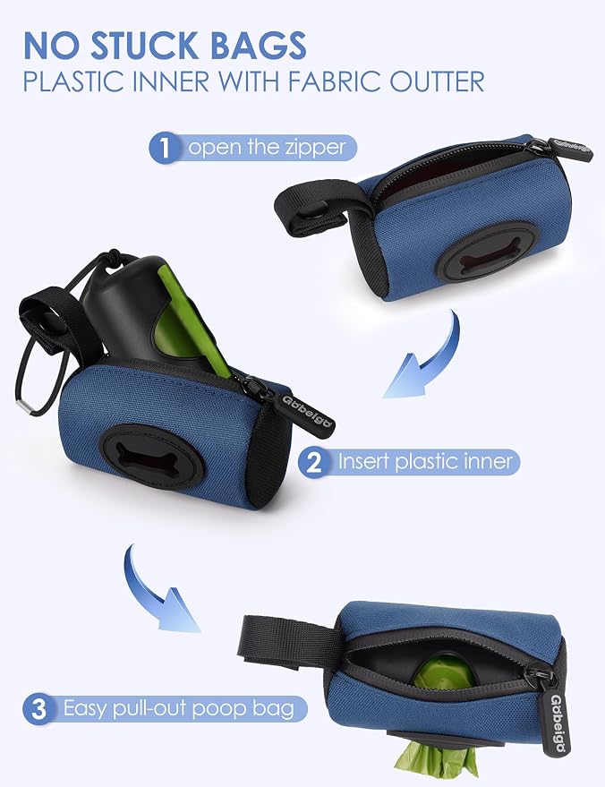 Gobeigo 2-in-1 Dog Poop Bag Holder【Easy Pull-Out Version】(Navy Blue) | Hard Plastic Insert & Soft Fabric Bag Snap-On Strap Dispenser Fits Retractable and Standard Leashes with 1 Roll Bags