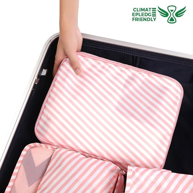 BAGAIL 8 Set Packing Cubes Luggage Packing Organizers for Travel Accessories-White and Pink Stripe