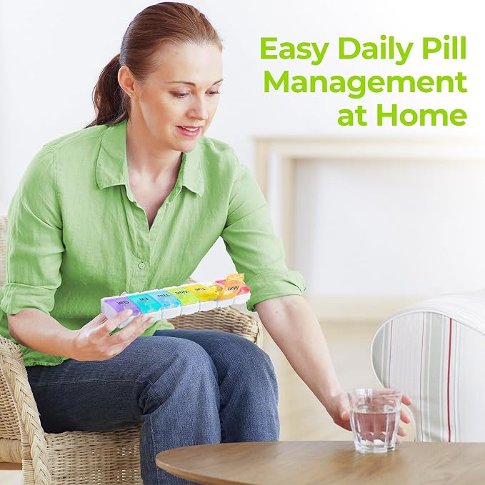 AUVON Weekly Pill Organizer Arthritis Friendly, BPA Free Travel 7 Day Pill Box Case with Spring Open Design and Large Compartment to Hold Vitamins, Cod Liver Oil, Supplements and Medication