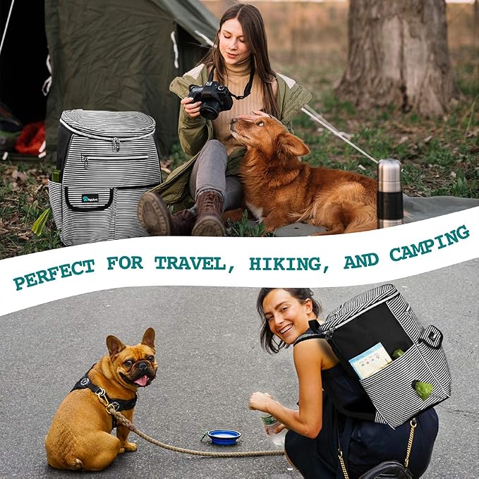 PetAmi Dog Travel Backpack Airline Approved Pet Supplies Bag, Stripe Black | Cat Traveling Suitcase Organizer for Weekend Road Trip Camping; 2 Food Containers, 2 Collapsible Bowls & Poop Bag Dispenser