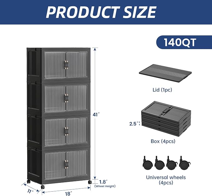 SAILUN 140Qt Stackable Storage Bins,Storage Cabinet with a Lid,4 Pack Black
