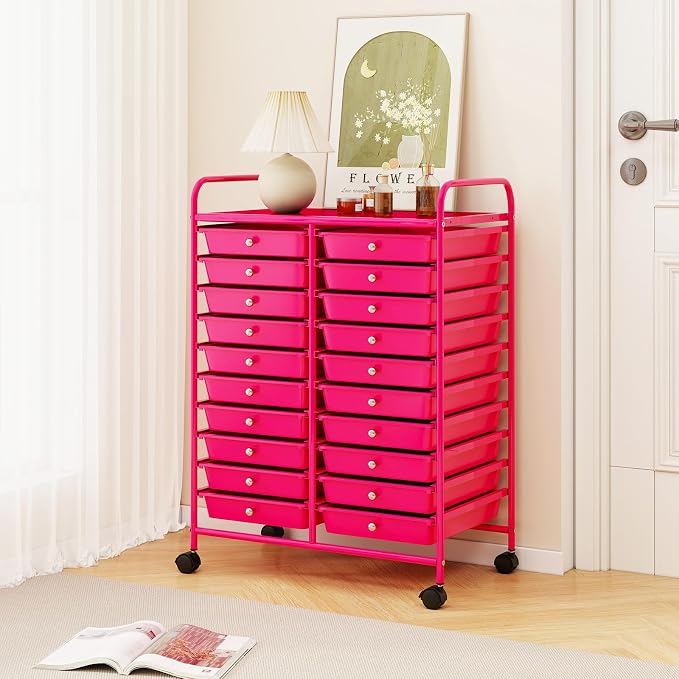 20 Drawer Rolling Storage Cart, Art Cart Organizer with Wheels for Makeup, Tool, Paper, Multipurpose Craft Storage Cart with Drawers for Office, Home, Classroom, School (Hot Pink)