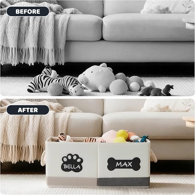 Dog Toy Basket Foldable Pet Toy Box Storage Bin with Lid, 21.7×9.8×9.8" | 34L Collapsible Box,Fabric Dog Storage Box with Handle,Name Label and Fexible Divider, Organizer for Living Room, Beige