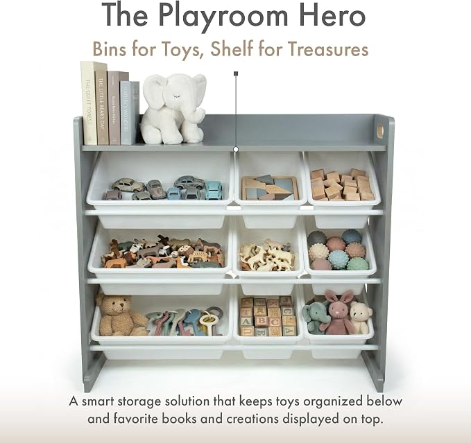 Humble Crew Kids Toy Organizer with Display Shelf, 9 Bins, 3 Tier Storage | Sturdy wood and steel toddler shelf, removable BPA-free containers, wall anchor anti-tip safety kit for bedroom or classroom