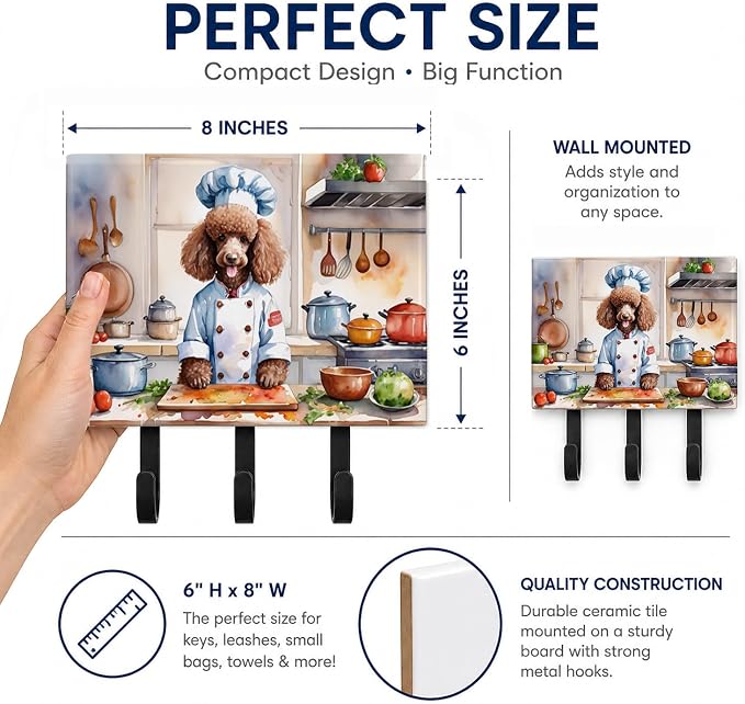 Caroline's Treasures Chocolate Poodle The Chef Leash or Key Holder Wall Hooks, Key Hooks Holder, Coat Rack Wall Mount, Coat Hooks, Hooks for Hanging Keys, Towels, Aprons, Leashes | Chocolate Poodle The Chef artwork on ceramic tile with three steel hook...