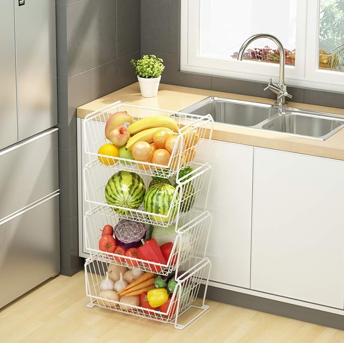 PUSDON 4-Tier Large Stackable Wire Storage Baskets with Wheels, Metal Rolling Utility Cart Organizer, Produce Basket for Kitchen Pantry, Floor Shelf, Classic White