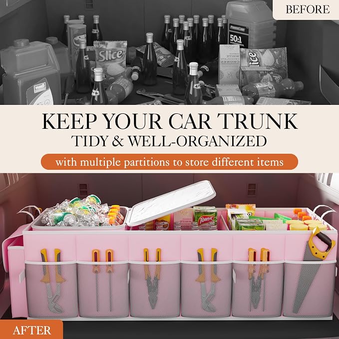 HOTOR Trunk Organizer, Sturdy Foldable with Cooler for Car, Sudan & SUV | Car Organizers and Storage, Detachable Cooler Bag, for Tools, Camping, 3 Compartments, Pink, 31.5” x 12.6” x 10.6”