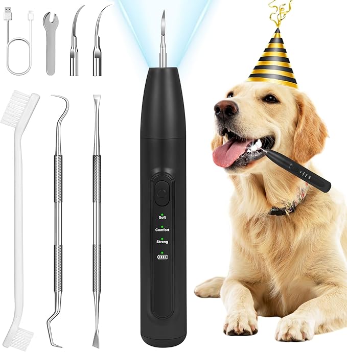 Dog Tooth Brushing Kit,Dogs Teeth Cleaning Kit with Light,3 Modes Doggie Plaque and Tartar Remover for Teeth,Low Noise Dog Teeth Cleaner and Dental Care,Black