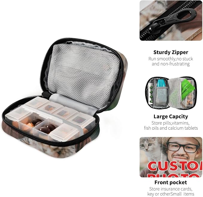 Custom Pill Bag with Photo Personalized Pill Box 7 Day Pill Case Travel Pill Organizer Bag with Zipper Portable Weekly Case Compact Size for Vitamin Supplement Holder