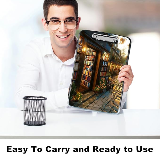A4 Clipboard with Storage Pen Holder, Clipboards Organizer Nursing Clipboard Foldable File Folder Plastic Clipboard Folio Clip Board for Office Work Classroom Doctor, Flower Library