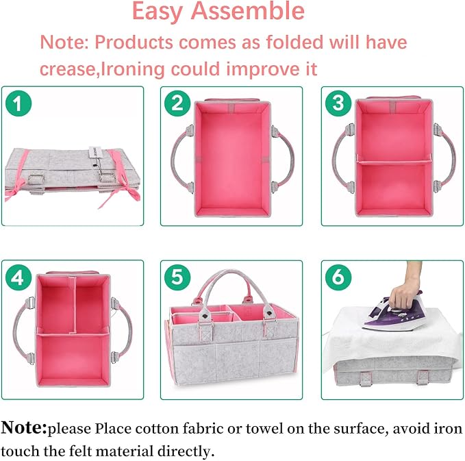 XUANGUO Large Felt Baby Diaper Caddy Organizer with Handles for Girls, Pink | Nursery storage bin and basket; portable tote bag for changing table or car, baby shower gifts and newborn essentials.