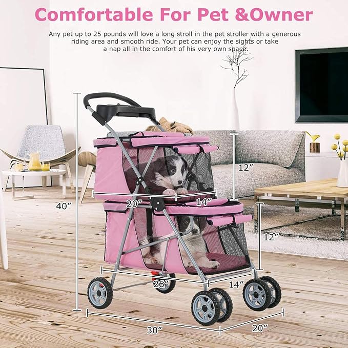 HHS Pet Strollers for 2 Dogs and Cats, Double 4 Wheel Doggie Small Medium Pets with Safety Belts Folding Portable Carriage Cart Storage Basket Travel Jogger, Pink, pinck, 30 x 19 40 Inch