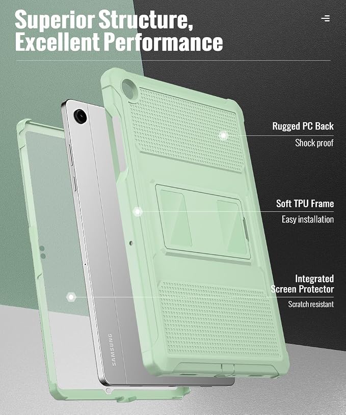 MoKo Shockproof Case Fit Samsung Galaxy Tab A11+ Plus/ A9+ 11 Inch | Full Body Rugged Stand Back Cover with Built-in Screen Protector for Galaxy Tab A11+/ A9+ Tablet, Light Green