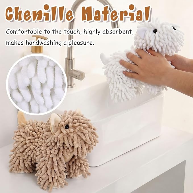Tegeme 2 Pcs Chenille Dog Hand Towel Fuzzy Dog Towel Absorbent Microfiber Soft for Bathroom Kitchen Washstand (White Brown)