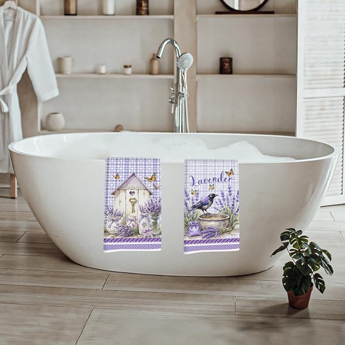 2 Pcs Watercolor Lavender Kitchen Towels, Purple Aesthetic Decorative Absorbent Microfiber Dish Cloth Tea Towel, Checkered Waffle Soft Hand Towels for Farmhouse Home Bathroom Decor, Housewarming Gifts