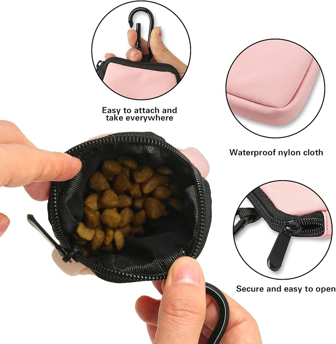 Dog Treat Pouch Pocket Sized Pet Puppy Training Pouch for Dog Training Behavior Aids, Waterproof Nylon Fabric Dog Poop Bag Holder, Hands Free Dog Walking Bag with Metal Carabiner (Pink)