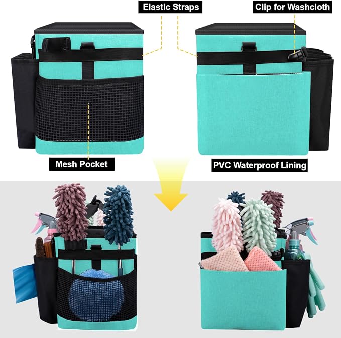 Wearable Large Cleaning Caddy Bag for Housekeepers (Lakeblue) | Cleaning Supplies Organizer with Adjustable Shoulder, Waist & Handle Straps, Detailing Bag for Kitchen Supplies