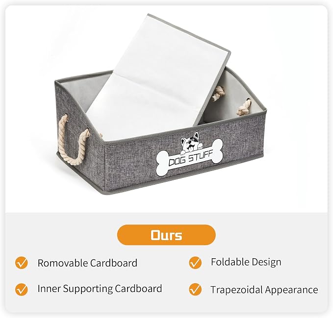 Dog Toy Basket, Storage Bin, Collapsible Box for Pet Accessories | Fabric Container With Handle, Trapezoid Holder for Small Medium dogs, Organizer for Living Room, Gray
