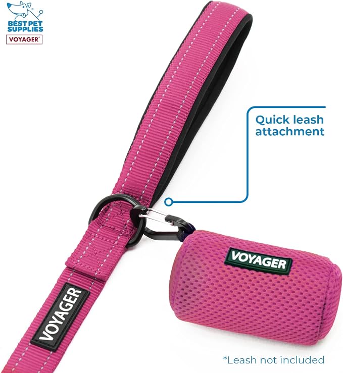 Best Pet Supplies Dog Poop Bag Holder Leash Attachment with Reusable Dispenser for Travel, Walking, Park, and Outdoor Use, Durable with Clip-On - Fuchsia, Mesh Dispenser w/15 Bags