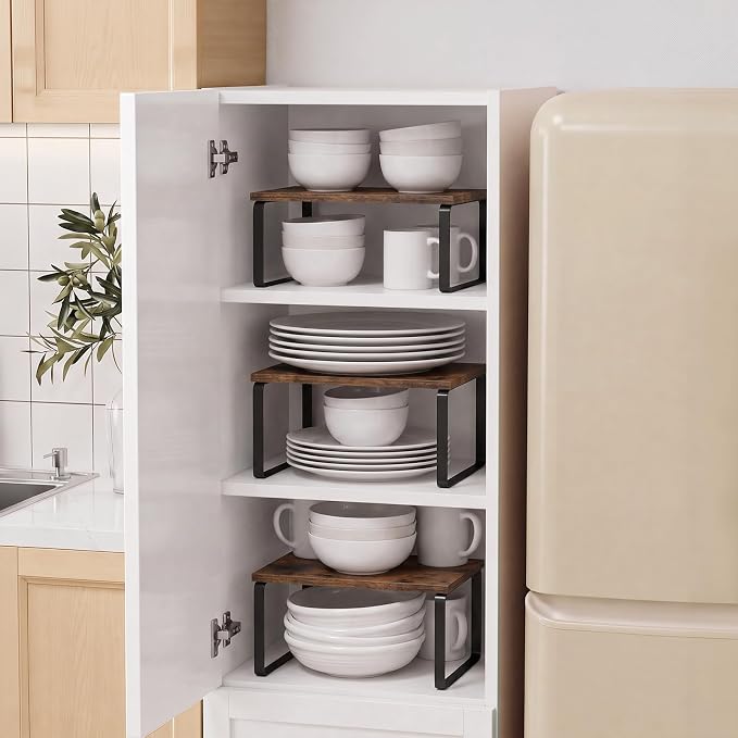 LAMU Cabinet Organizer Shelf, Set of 4 Expandable Kitchen Counter Shelve Plate Organizer for Cabiner, Stackable Spice Rack, CupBoard Organizers and Storage, Brown
