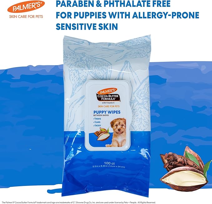 Palmer’s for Pets Cocoa Butter Formula Puppy Wipes for Dogs - Paraben and Phthalate Free Grooming Towelettes with Vitamin E for Between Bath Cleaning and Freshening, 100 Count