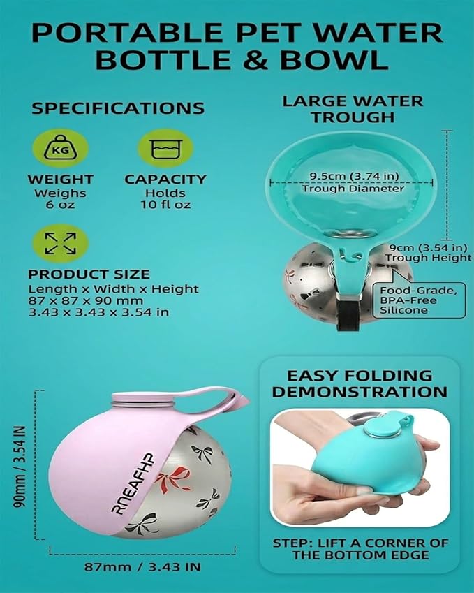 Dog Water Bottle with Bowl 2-in-1 Portable Leak Proof 10 OZ Puppy Travel Drink Dispenser for Large Medium Small Breeds Stainless Steel Hydration Tumbler Buddy Cup for Dogs Pets Outdoor(Blue A)