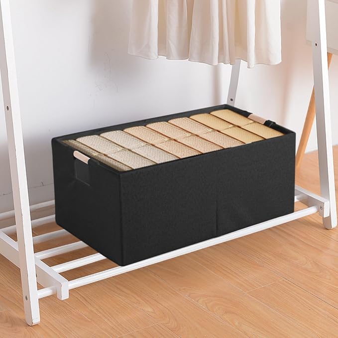 Fabric Storage Box, 16x12in Foldable Cotton Linen Basket with Wooden Handle | Large Rectangular Cube Decorative Home Laundry Organizer Clothes Blanket Container Organizing Clothes Sheets Jeans, Black