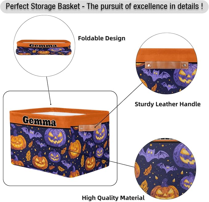 Personalized Foldable Storage Basket with Name for Boys, Laundry Hamper Dirty Clothes Pet Toys Storage Bin with Handles for Shelf Home Closet, Purple Orange Pumpkin Bat