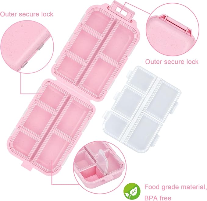 Large Travel Pill Organizer with 189 Medicine Labels, 10 Compartments Portable Small Pill Case Daily Medicine Storage Container for Purse, Car, Airplane and Vacation Trave 3 Pack