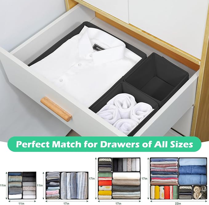 Drawer Clothing Organizer 16-Pack, Black Underwear Dividers | Multiple sizes Fabric Folding Wardrobe Organizer,Storage Bins Store Baby Clothes, Bras,Underwear,Panties,Belts,Socks,Ties
