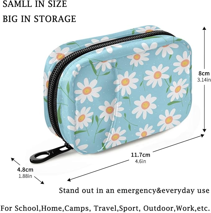 Fustylead Cartoon Daisy on Light Blue Background Pill Organizer for Purse, Weekly Portable Pill Box with Zipper to Storage Vitamins Fish Oils Medications Supplements