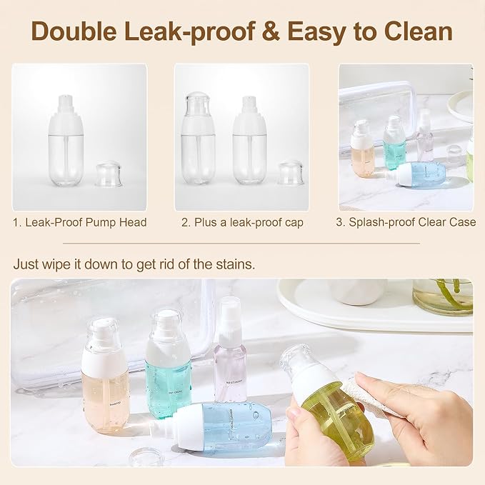 5 PCS Clear Refillable Travel Bottles, Travel Toiletry Bag | TSA Accepted Travel Size Containers, 1.0mm PET Pump Bottles for Toiletries, Organizer Bag, Toiletry Pouch (4x1.7oz+1x1oz)