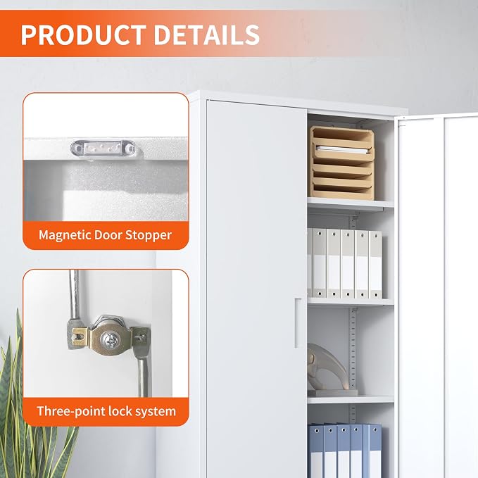 Metal Storage Cabinet for Garage, Tool Cabinet, Utility Cabinet | Tall Tool Cabinet, Lockable, 2 Doors, 4 Adjustable Shelves, Assembly Required, White