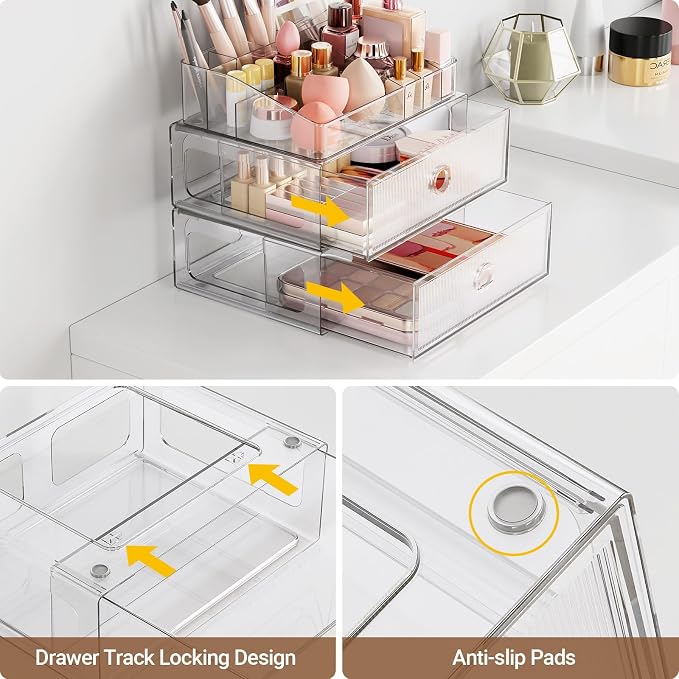3 Tier Clear Makeup Organizer with Drawer, PET Cosmetic Storage for Dresser, Countertop & Bathroom Vanity, Holders for Lipstick, Brushes, Skincare & Beauty Supplies
