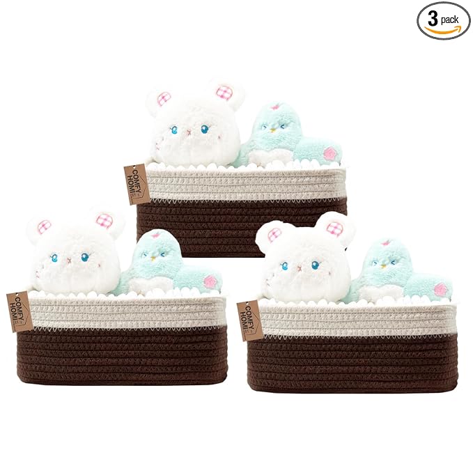 COMFY HOMI 11.5"x7.5"x4.7" Storage Baskets for Organizing | Cotton Rope Woven Basket | Toy Storage Bin Box | Basket for Shelves, Closet Organizer Bin, Decorative Closet Shelf, 3 Pack,