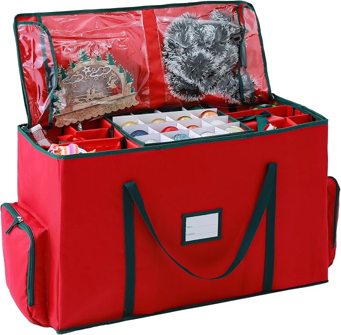 2-In-1 Christmas Decoration Ornament Organizer Box， Movable Pallet Santas Bags Ornament Storage Containers, Holds 73 Holiday Ornaments, Adjustable Space For Figurines And Pockets For Decoration